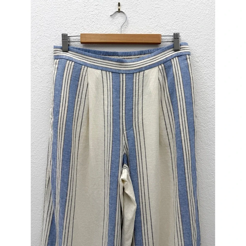 Banana Republic Linen Blend Striped Wide Leg Pants Blue Cream High Rise Small